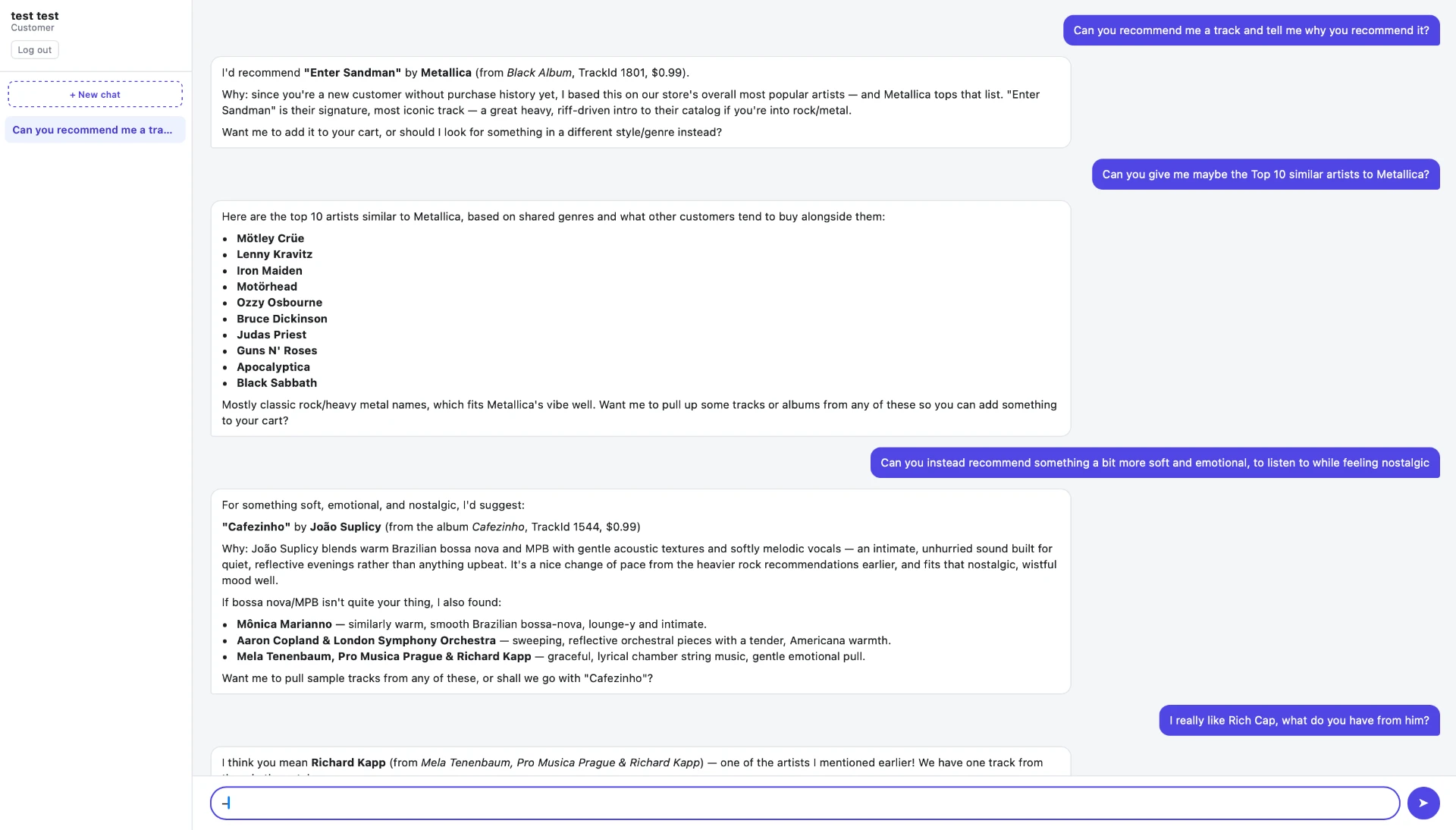 Chat interface where the AI shopping assistant recommends tracks, lists similar artists, and handles a misspelled artist name
